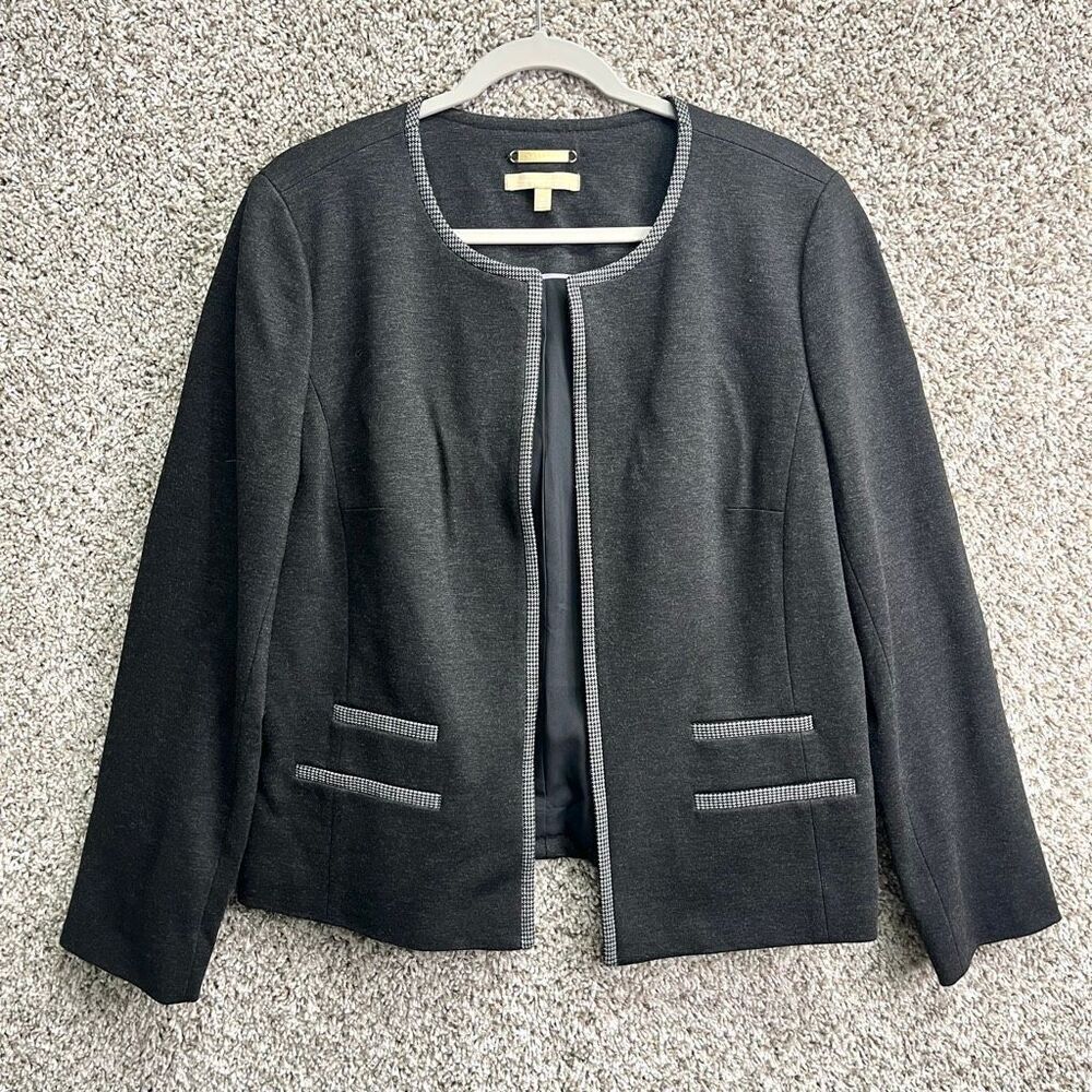 Talbots Blazer Women’s 16 Dark Gray Italian Luxe Knit Tipped Open Front Long Sle
